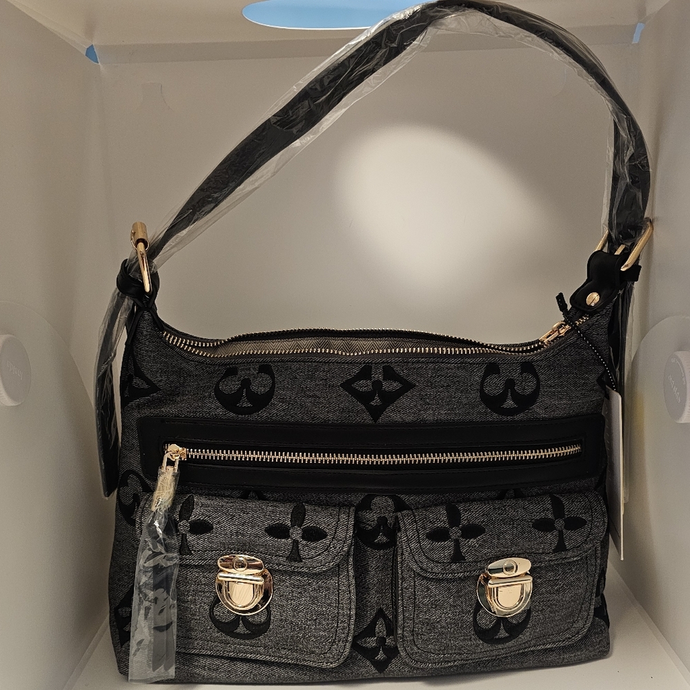 Gray and Black Denim Shoulder Bag